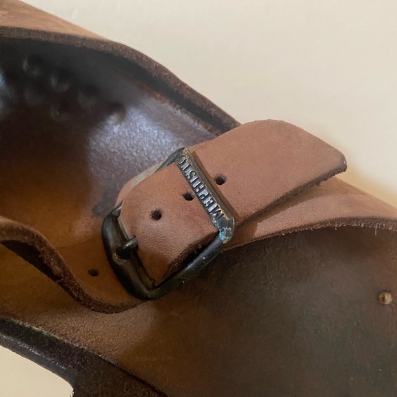 MEPHISTO BROWN DOUBLE STRAP NUBUCK LEATHER CORK TERIE WEDGE SLIP ON SANDALS - Picture 5 of 8